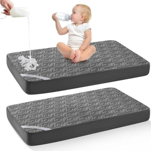 Waterproof Crib Mattress Protector 2 Pack, Soft and Breathable Crib Mattress Pad Cover, Noiseless Machine Washable Toddler Mattress Protector for Standard Baby Toddler Bed (52''x28'',Gray)