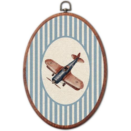XSTWLJ Vintage Airplane Boy Nursery Oval Wall Art, Blue Striped Canvas Prints Framed, Retro Decor Wall Art Hanging Decor for Bedroom Kids Toddler Room Playroom Decoration, 8.6x11.4 Inch