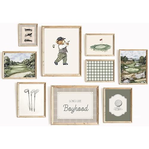 Vintage Sports Nursery Wall Art Decor Teddy Bear Golf Prints Baby Toddler Boy Room Canvas Wall Decor Bear Nursery Pictures Sport Animal Pictures Vintage Golf Artwork for Bedroom 8x10x9 Inch Unframed