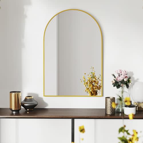 30x20 Bathroom Mirror Arch Wall Mounted/Against Aluminum Frame Gold | HD Crystal Clear No distortion Tempered Glass,Make-Up Vanity Mirrors for Bedroom,Entryway,Bathroom,Living Room