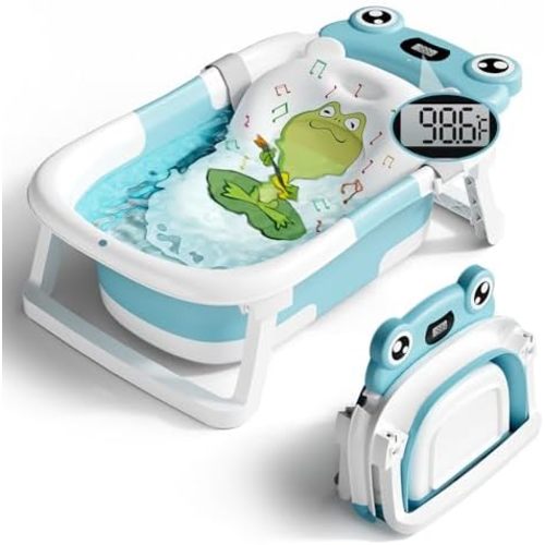 BUNWAG Baby Bathtub, Collapsible Newborn Bathtub for Infant to Toddler with Soft Cushion and Thermometer,Portable Travel Newborn Tub with No-Slip Feet, Baby Shower Gifts, 0-12 Months Baby Bath, Blue