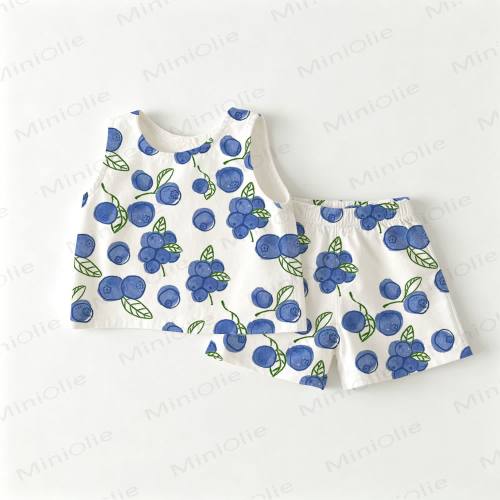 Baby Toddler Blueberry Print White Top and Shorts 2-piece Set