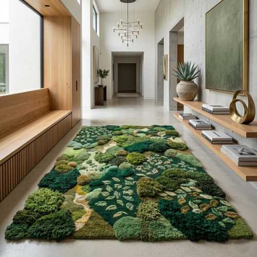 Hand Tufted Moss Landscape Wool Rug - Organic Green Nature Texture High Pile Statement Carpet