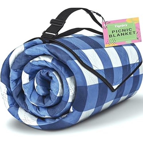 TigeJoy Extra Large Picnic Blanket Waterproof Foldable 80''x80'', Outdoor Picnic Mat Beach Blanket Sandproof for Park, Grass, Travel, Hiking, Camping Essentials, Gingham Picnic Blanket