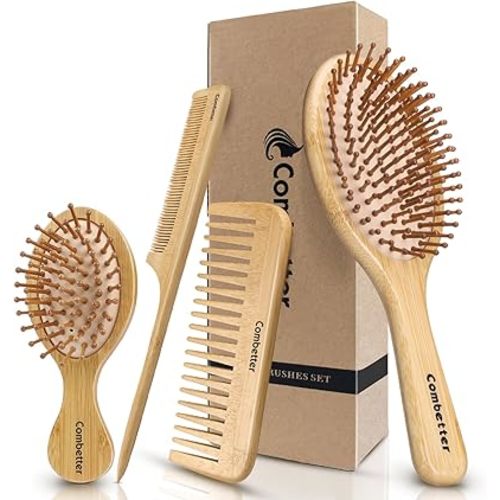 Bamboo Hair Brush and Comb Set for Hair Growth & Scalp Massager