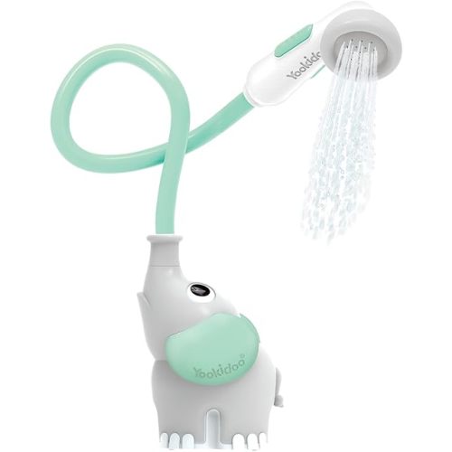 Yookidoo Baby Bath Shower Head – Elephant Water Pump with Trunk Spout Sprayer & Rinser, Dual Knob Flow Control, Bath Time Essential for Newborns, Tub or Sink (Turquiose)