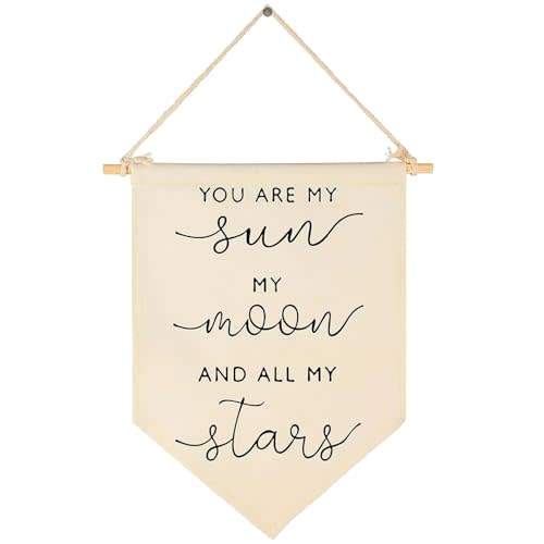 Girl Nursery Decor Canvas Banner,Nursery Bedroom Playroom Wall Art Decorations,Nursery Hanging Sign with Rope (You Are My Sun My Moon And All My Stars)