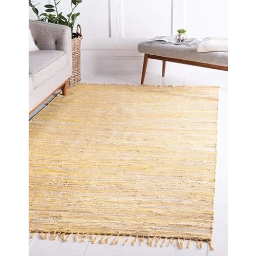Unique Loom Chindi Cotton Collection Soft Hand Woven Natural Fiber Striped Area Rug, 8 ft x 10 ft, Yellow/Ivory