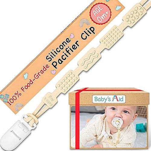 Baby’s Aid Silicone Pacifier Clip, 4 Teething Textures, One-Piece Design, 100% Food-Grade, Pacifier Holder Clip with Clothing-Safe Binky Clip, Newborn Safe Pacifier Strap, Fits All Pacifiers, Ages 0m+