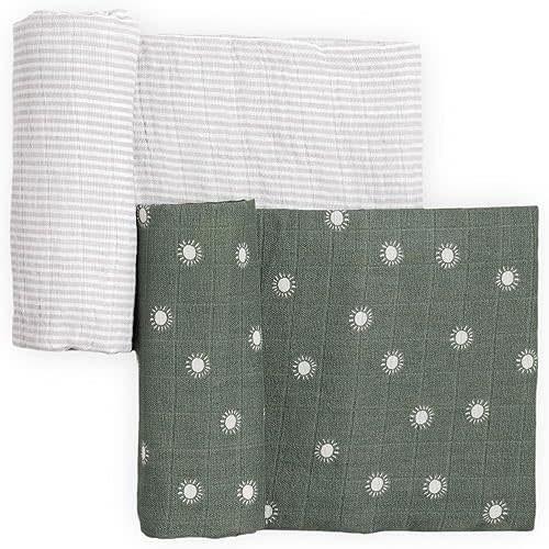 Little Unicorn 100% Certified Natural Organic Cotton Muslin Swaddle Blanket 2 Pack | Giftable Set of 2 swaddles (Sage Suns)