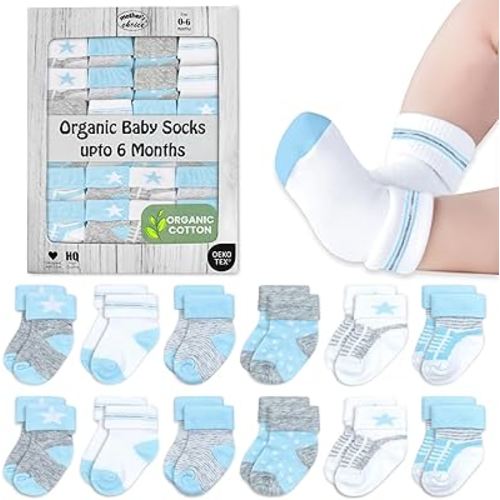 Mother's Choice Organic Cotton Baby Socks, 12 Pairs, Unisex 0-6 Months - Soft, Hypoallergenic Newborn & Infant Socks - Baby Girl & Boy Gifts, (12Pcs, Blue - Gray - White)