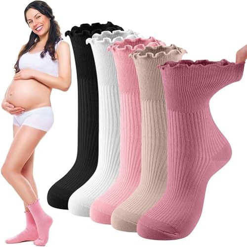 Twistover 5 Pairs Loose Pregnancy Socks, Breathable Cotton Labor Delivery Maternity Crew Socks for Swollen Feet(Ruffle,Mixed Colors)