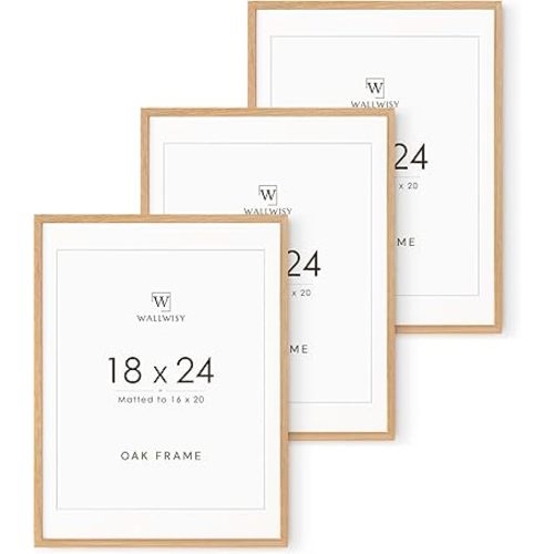 18x24 Poster Frame, 18x24 Solid Oak Picture Frames Matted to 16x20, 24x18 Natural Wooden Frame Horizontal or Vertical Wall Mounting, Set of 3