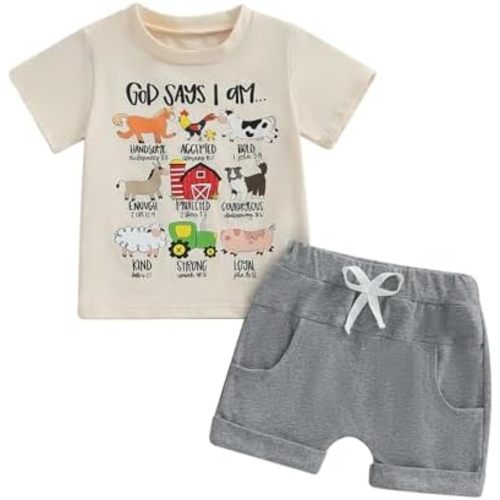 Toddler Baby Boy Summer Outfit God Says I Am Short Sleeve T-Shirt Solid Color Shorts Set Christian Clothes 2Pcs