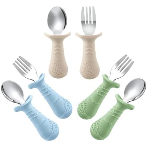 PandaEar Baby Toddler Fork and Spoon Utensil Set, 6 Pack Silicone Stainless Steel Silverware Spoon Fork for Babies Toddler, BPA Free with Silicone Holding Anti-Choke Design (Green Blue Brown)