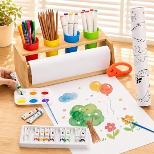 Paper Roll Dispenser for Kids Art Tabletop Easel with Blank & Patterned Paper Rolls, 12 Pigments, Drawing Tools, Pen Cups Craft Station for Kids Ages 3-8 in Home, Classroom