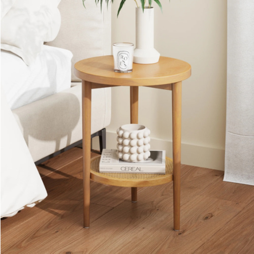 Wood & Rattan Round End Table Warm Pine