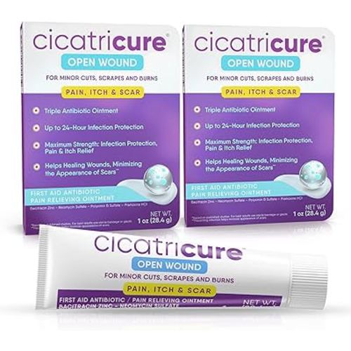 Cicatricure Triple Antibiotic Ointment with Pain Relief, Bacitracin Antibiotic Ointment & Cream for Wound Care, Healing Ointment for Cuts, Burns, Insect Bites, First Aid Supplies Essential, 1 oz