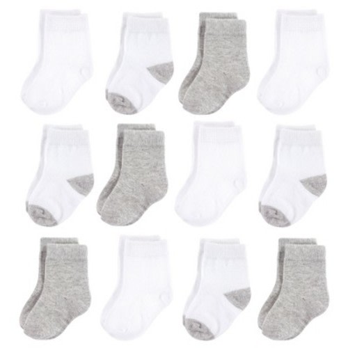 Hudson Baby Infant Unisex Cotton Rich Newborn and Terry Socks, White Gray, Size: 0-6 months