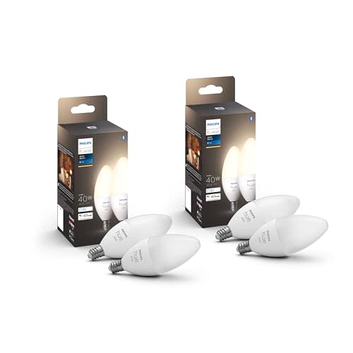 Philips Hue Smart 40W B39 Candle-Shaped LED Bulb - Soft Warm White Light - 4 Pack - 450LM - E12 - Indoor - Control with Hue App - Compatible with Alexa, Google Assistant and Apple Homekit