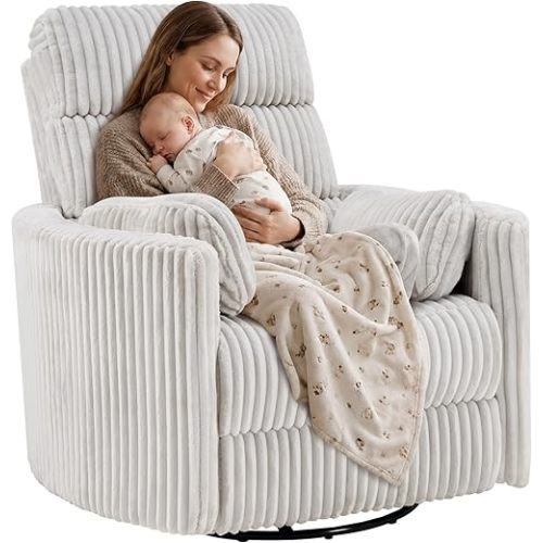 SUNWAVE 40" Oversized Power Nursery Rocking Recliner Barrel Chair, Swivel Nursing Chair with Electric Headrest & Anti-Pinch, Lay-Flat Corduroy Rocking Chair Nursery with USB/Type-C