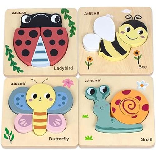 Airlab Casse-tête en bois pour tout-petits de 1, 2, 3 ans Montessori Éducatifs Préscolaires Jouets d'apprentissage pour enfants Animaux Casse-tête en bois pour bébé Garçons Filles Cadeaux Pack de 4