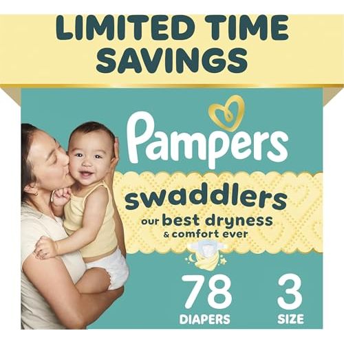 Pampers Swaddlers Diapers, Size 3 (13-26 lbs), 78 Count, Fragrance Free, Hypoallergenic, Absorbent, Pediatrician Recommended, Skin Safe