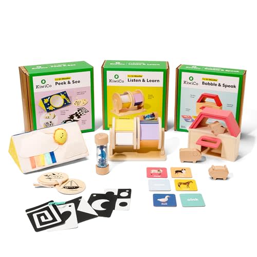 KiwiCo Early Baby Learning Bundle: Visual Tracking Mirror & Auditory Discovery Set, Speech Development Animal Stacker– 3-Piece Baby Gift for Ages 0+