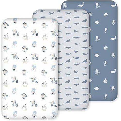 Nap Mat Sheet 47"x24", 3 Pack Blue Ocean Sailor Baby Crib Sheets Fitted Elastic Corners, Preschool Day Care Rest Mat Cover, Soft Breathable - Compatible with Regalo My Cot, Joovy Travel Cot