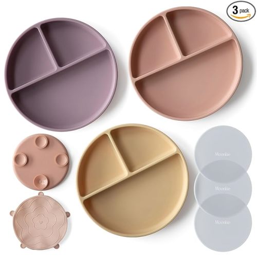 Moonkie Suction Plates for Baby | 100% Silicone BPA-Free Baby Plates with Lids and Food Cover | Divided Design | Microwave and Dishwasher Safe | Toddler Plates 3 Pack