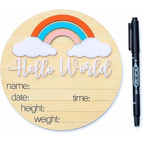 Wooden Baby Announcement Sign, Hello World Rainbow, 1 Piece, 3 Customizable Elements, 3D Dimensional, Easy to Display, Great Gift for New Parents