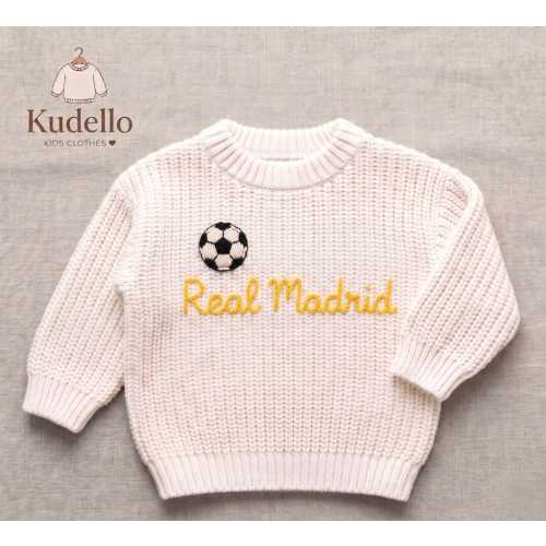 Real Madrid Kids Sweater – Chunky Knit Pullover with Football Embroidery (Handmade)