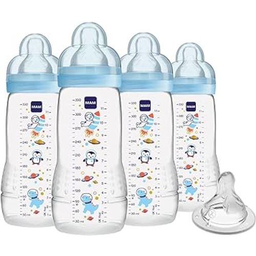 MAM Easy Active Baby Bottles 11 oz with Bonus Nipple, Fast Flow Skinsoft Silicone Nipple with Wide Neck Ergonomic Design, Easy to Hold, BPA-Free Bottles with Leak-Proof Caps for 4+ Months Baby, Boy