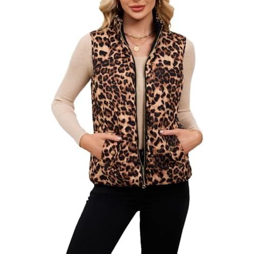 LifeShe Women Leopard Quilted Vest Stand Collar Zip Up Reversible Puffer Vests Sleeveless Padded Gilet Coat with Pockets