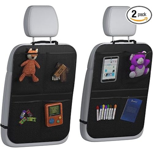 lebogner Back Seat Cover for Kids + 4 Pocket Storage Organizer, 2 Pack X-Large Waterproof Kick Mats Backseat Protector, Car Seat Back Protectors for Vehicles to Protect from Dirt, Mud & Scratches