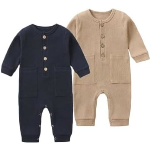 BeiVSlley Newborn Baby Boy Girl 2 Pack Button Solid Romper Infant Long sleeve Knit Cotton Footless Outfits Clothes