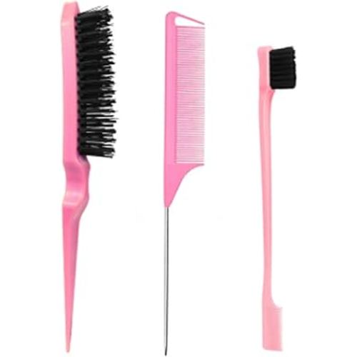 Pink Hair Brush Set - 3 Pcs, Slick Back, Rat Tail, Teasing Comb for Kids and Baby Hair Smoothing