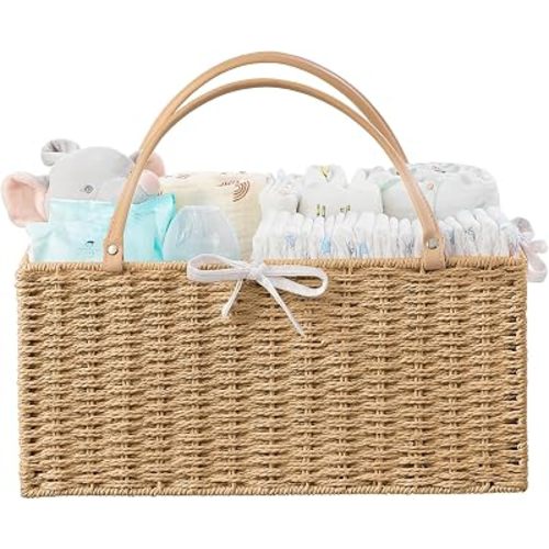 HBlife Large Baby Diaper Caddy Organizer, Paper Rope Storage Baskets Nursery Bin with Removable Divider, Portable Car Organizer for Diapers, Baby Shower Gifts, Newborn Essentials Must Haves