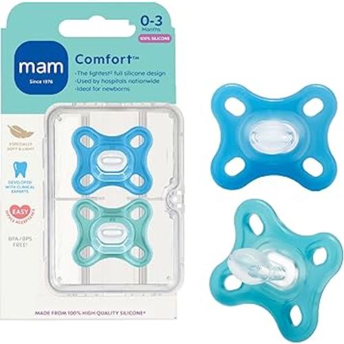 MAM Comfort Baby Pacifiers, Lightweight One-Piece Full Silicone Binky for Newborns 0-3 Months, BPA-Free Nipple, Easy to Clean Pacifier, Best for Breastfed Babies, with Sterilizer Case, 2 Count Binkies