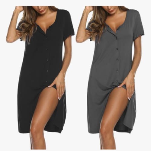 Ekouaer 2 Pack Nightgowns for Women Button Down Night Shirts Short Sleeve Sleep Shirts V Neck Sleepwear Pajama Dress