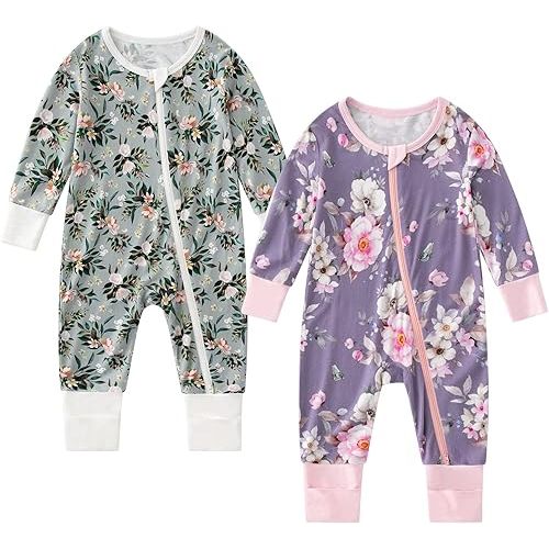 OPAWO Viscose from Bamboo Baby Pajamas Girl 2pack Mittens Cuff 2 Way Zipper Soft Footless Sleeper Baby Boy One-Piece Romper