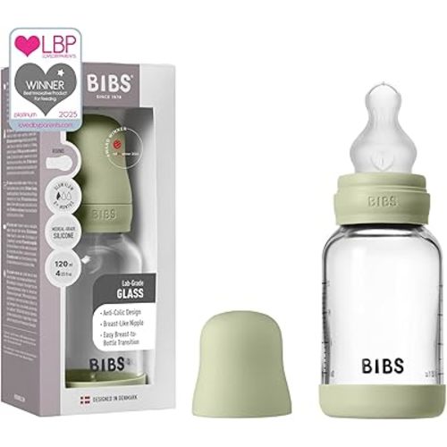 BIBS Baby Glass Bottle. 4 US fl oz / 120 ml. Anti-Colic. Vented Round Silicone Nipple. Supports Natural Breastfeeding, Slow Flow, Complete Set - Sage