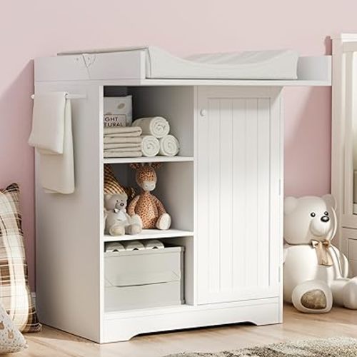 Baby Changing Table with Foldable Tabletop, White Storage Cabinet with Storage Shelf & Door Rack, Modern Diaper Changing Station with Storage, Perfect for Bedroom & Nursery (Pad Not Included)