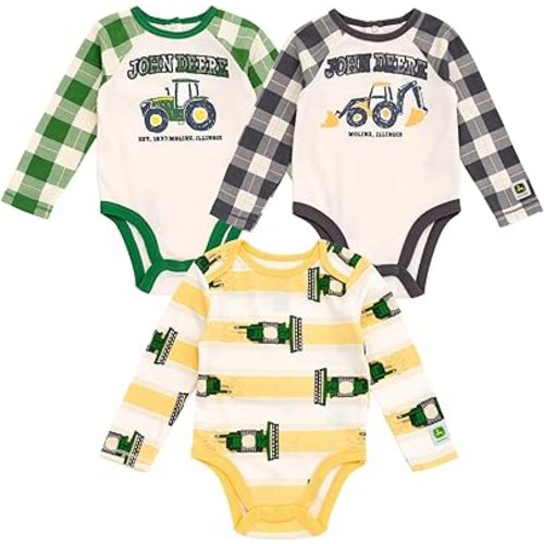 John Deere Baby 3 Pack Long Sleeve Bodysuits Newborn to Infant Sizes (3-6 Months - 9-12 Months)
