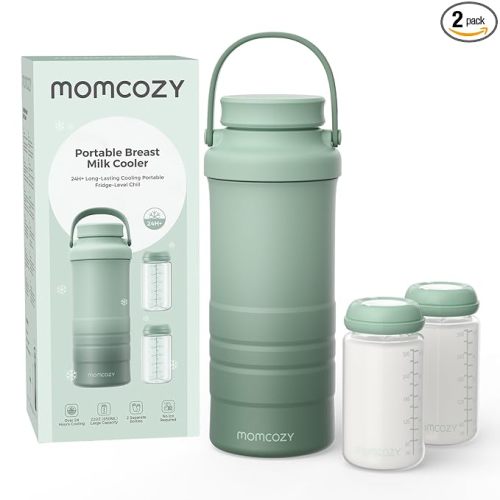 Momcozy 22oz Portable Breast Milk Cooler for Outdoor, Life Saver with 360° Total Cooling for 24 Hours, Larger Capacity Travel Breastmilk Chiller with 2pcs Baby Bottles for Breastmilk Storage, Green