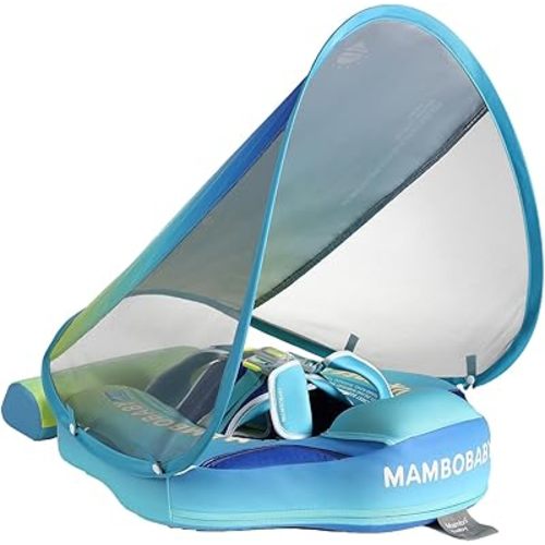 AnjeeIOT Mambobaby Float with Canopy Baby Float Non-Inflatable Baby Pool Float Solid Swimming Float Upgraded Add Tail Never Flip Over for Infant 3-24 Months, Rainbow Green