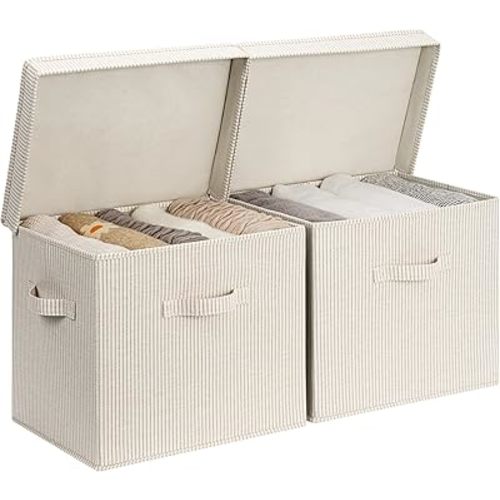 StorageWorks Storage Bins with Lid, Decorative Fabric Storage Bins with Handles, Stackable Closet Organizers for Shelves and Bedroom, Large, Khaki and Beige Stripes, 2-Pack