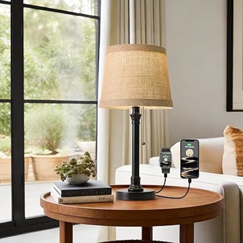 Oneach 19.5" Small Table Lamp with USB A+C Charging Ports, Black Modern Rustic Bedside Lamp with Natural Shade, Black Metal Pull Chain Desk Lamps for Living Room, Bedroom, Nightstand