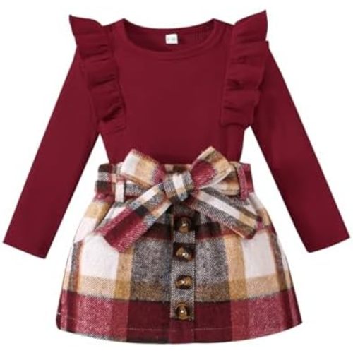 Noubeau Toddler Baby Girls Plaid Outfits Knit Ribbed Sweatshirt Shirt Tops, Red Plaid Belt Skirt