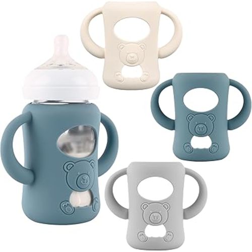 3 Pack Silicone Sleeves with Handles for Avent Natural Baby Bottles, Silicone Handles Compatible PP Material Philips Avent Natural Baby Bottle 9 oz (Grey+Dark Blue+Apricot)